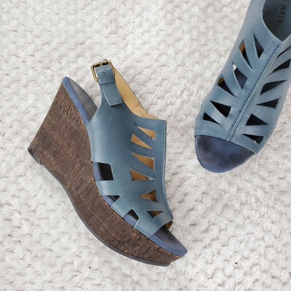 Shoes - Nine West • Blue Leather Caged Wedges